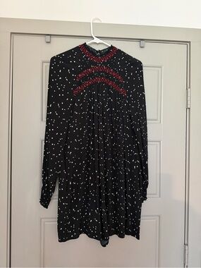 Zara Black Polka Dot Long-Sleeve Romper with Red Smocked Yoke